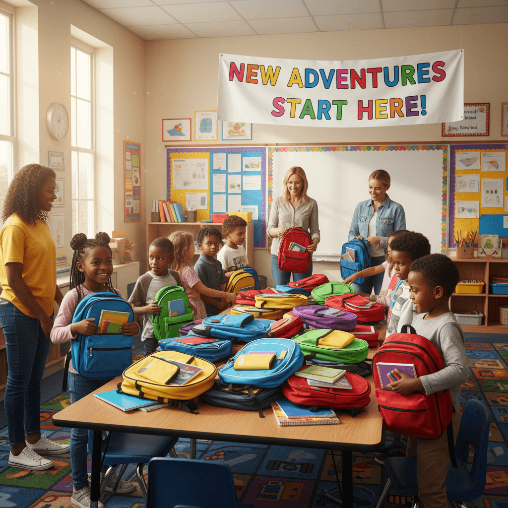 Students with backpacks and school supplies