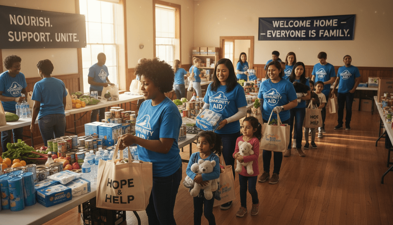 Neighbors gathering together to share food and resources in a warm, welcoming community space