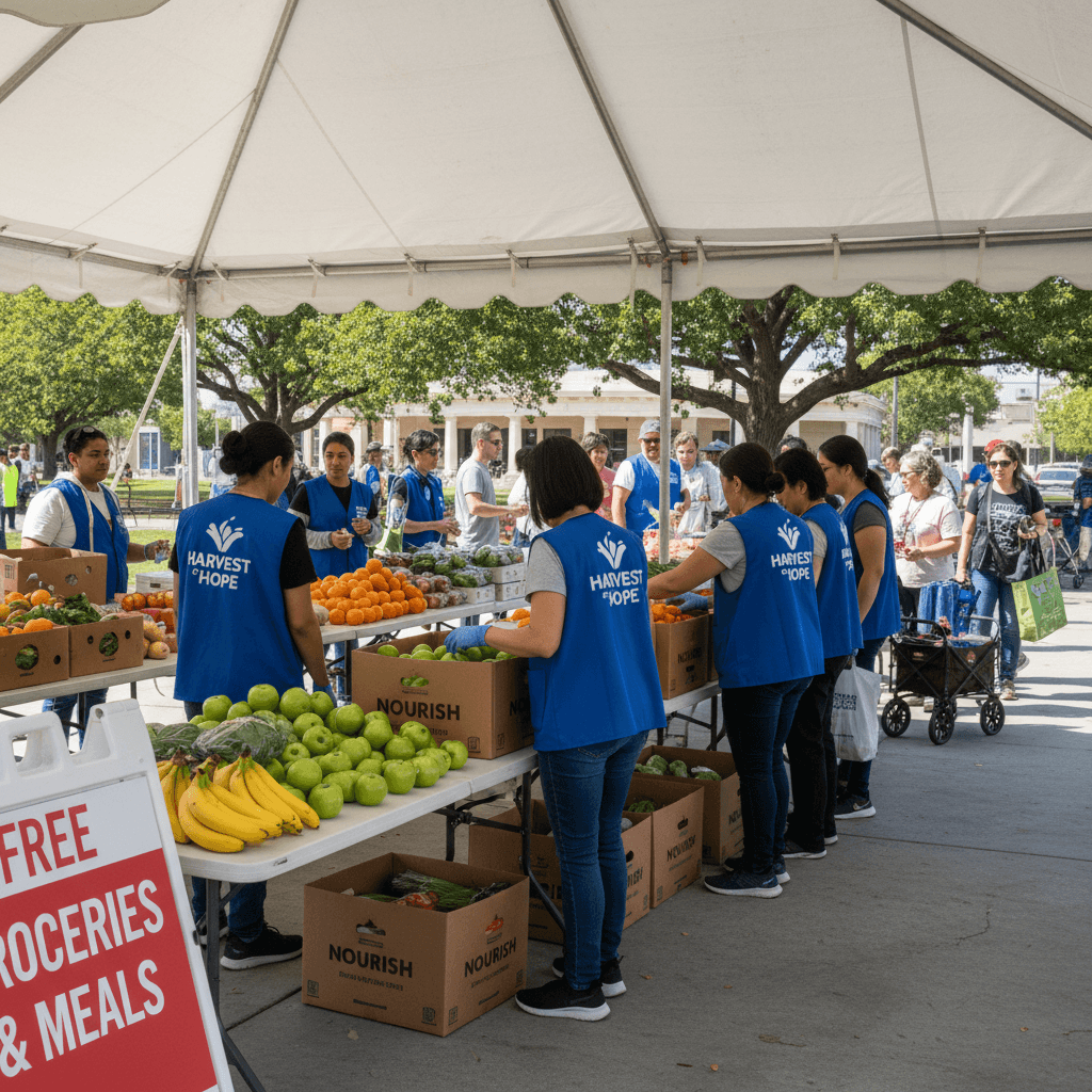 Food distribution volunteers organizing groceries for families