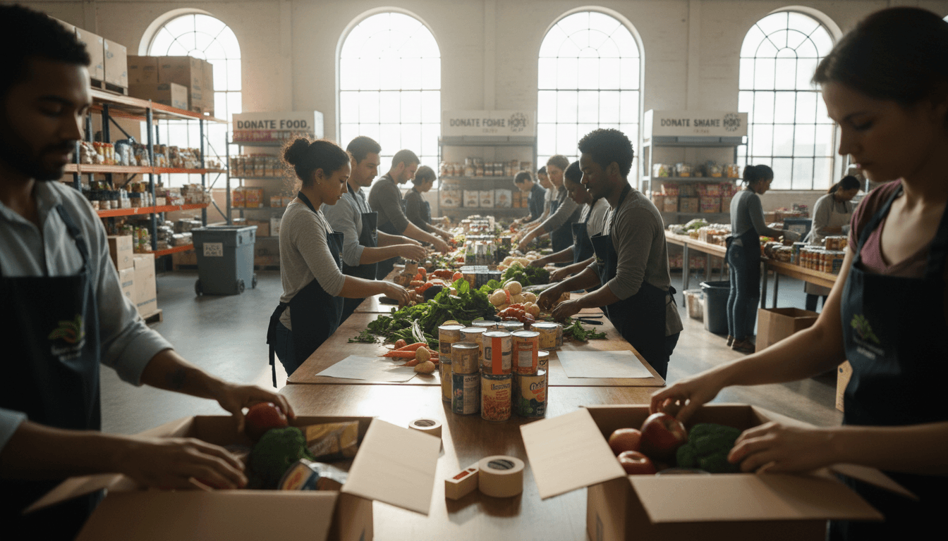 Organized food distribution setup with volunteers helping families select fresh groceries