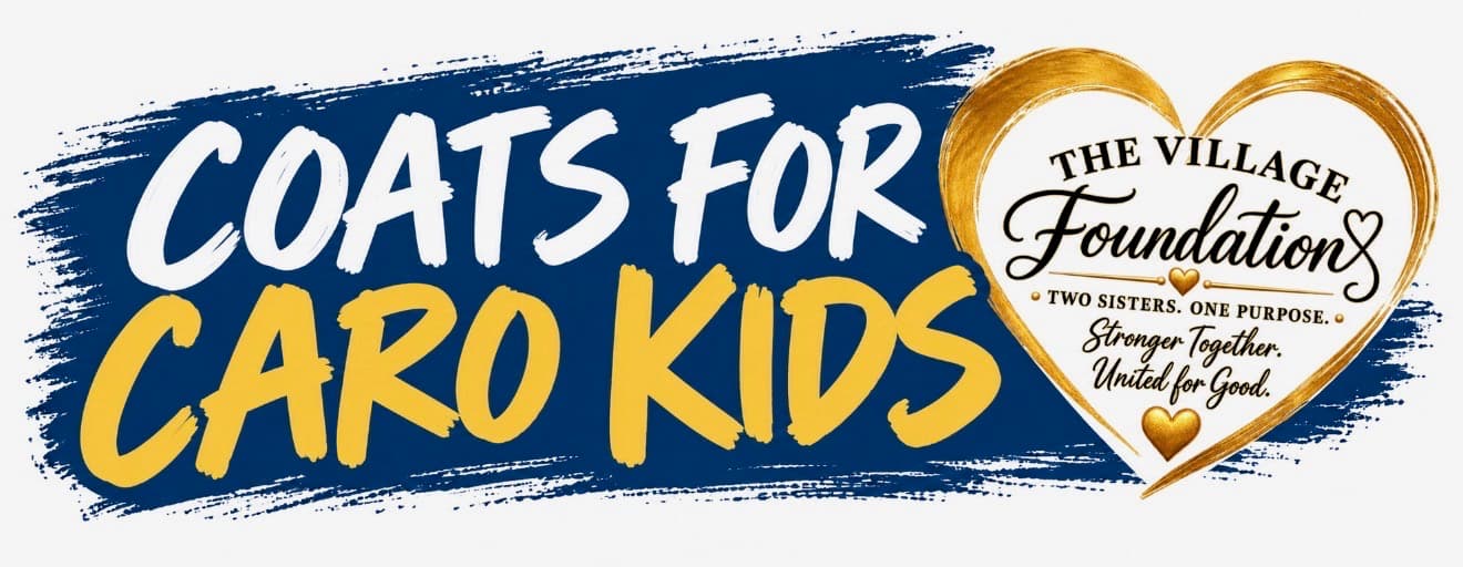 Coats for Caro Kids banner with blue brushstroke and The Village Foundation gold heart logo.