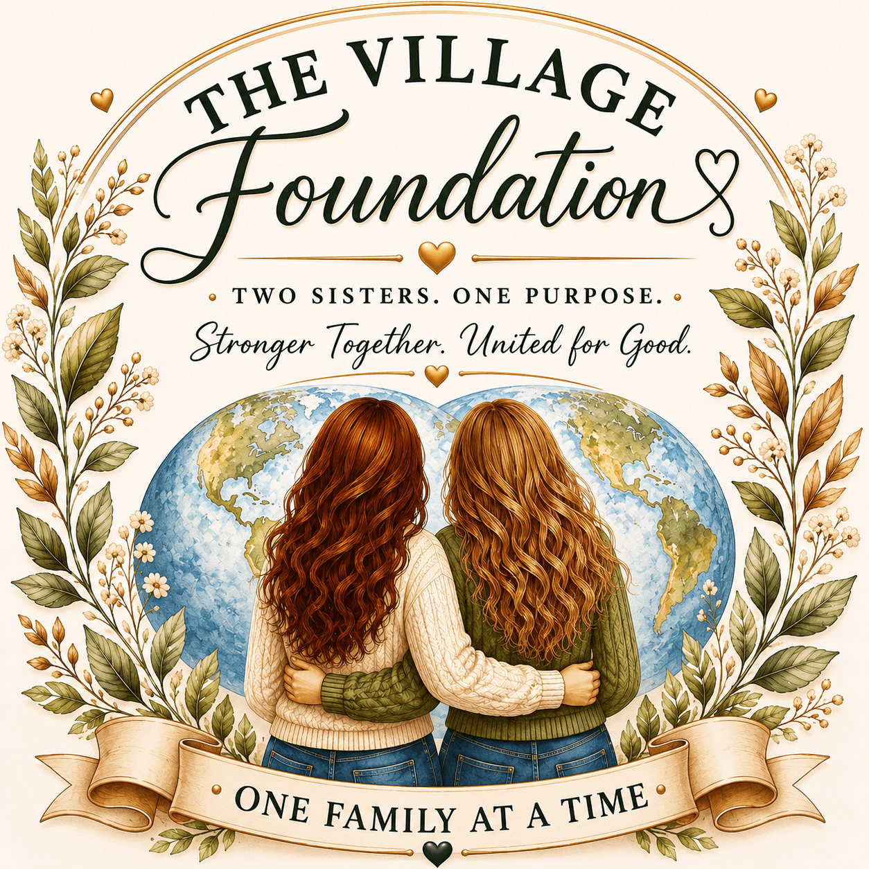 Two sisters embrace before a heart-shaped globe, surrounded by botanical illustrations and philanthropic text.